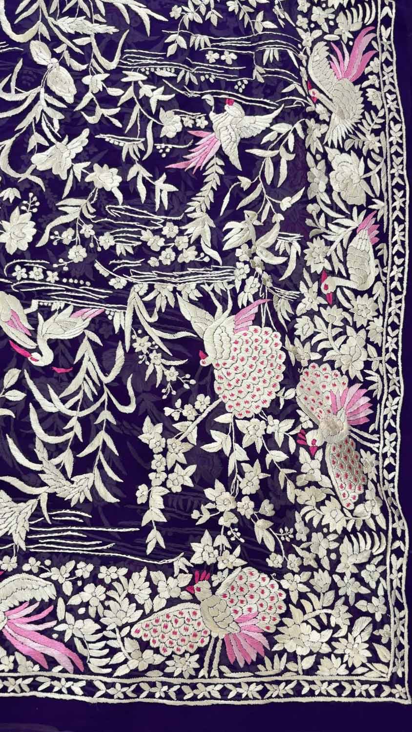 Blue Parsi Gara Hand Embroidered Pure Crepe Bird Design Dupatta - Luxurion World