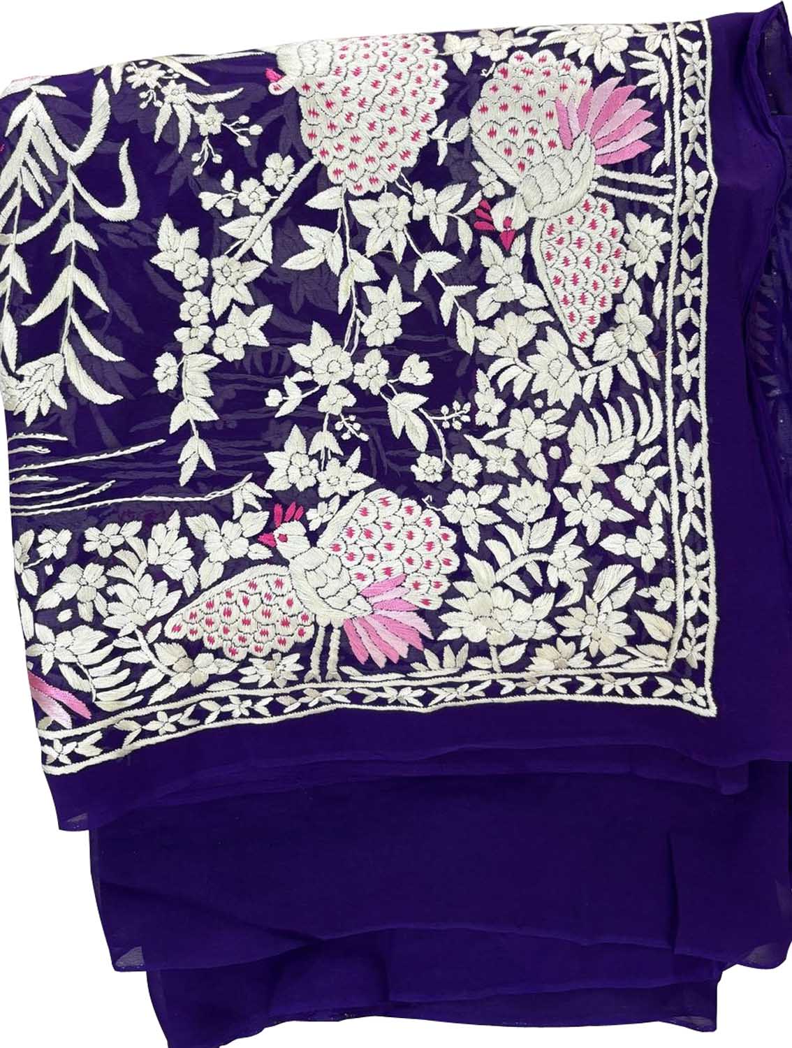 Blue Parsi Gara Hand Embroidered Pure Crepe Bird Design Dupatta - Luxurion World