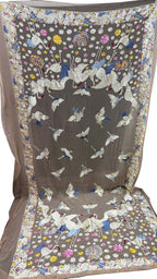 Exquisite Pastel Parsi Gara Hand Embroidered Pure Georgette Bird And Flower Design Dupatta - Luxurion World