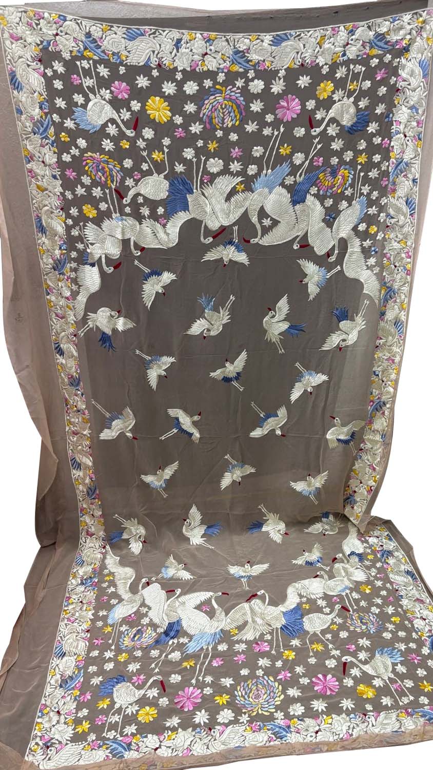 Exquisite Pastel Parsi Gara Hand Embroidered Pure Georgette Bird And Flower Design Dupatta - Luxurion World