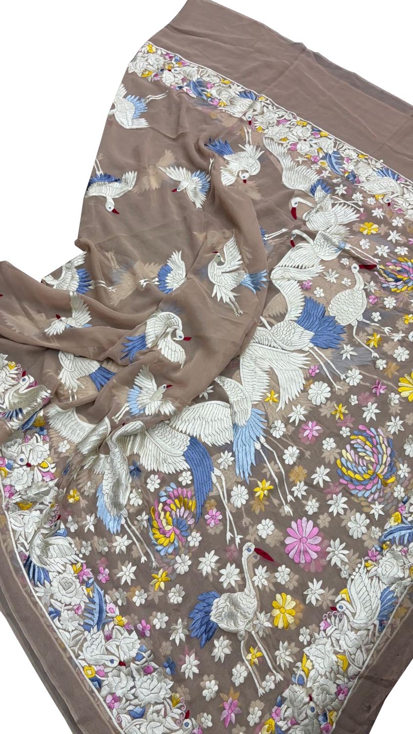 Exquisite Pastel Parsi Gara Hand Embroidered Pure Georgette Bird And Flower Design Dupatta - Luxurion World