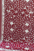 Maroon Hand Embroidered Parsi Pure Georgette Flower Design Dupatta - Luxurion World