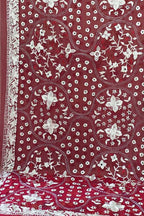 Maroon Hand Embroidered Parsi Pure Georgette Flower Design Dupatta - Luxurion World