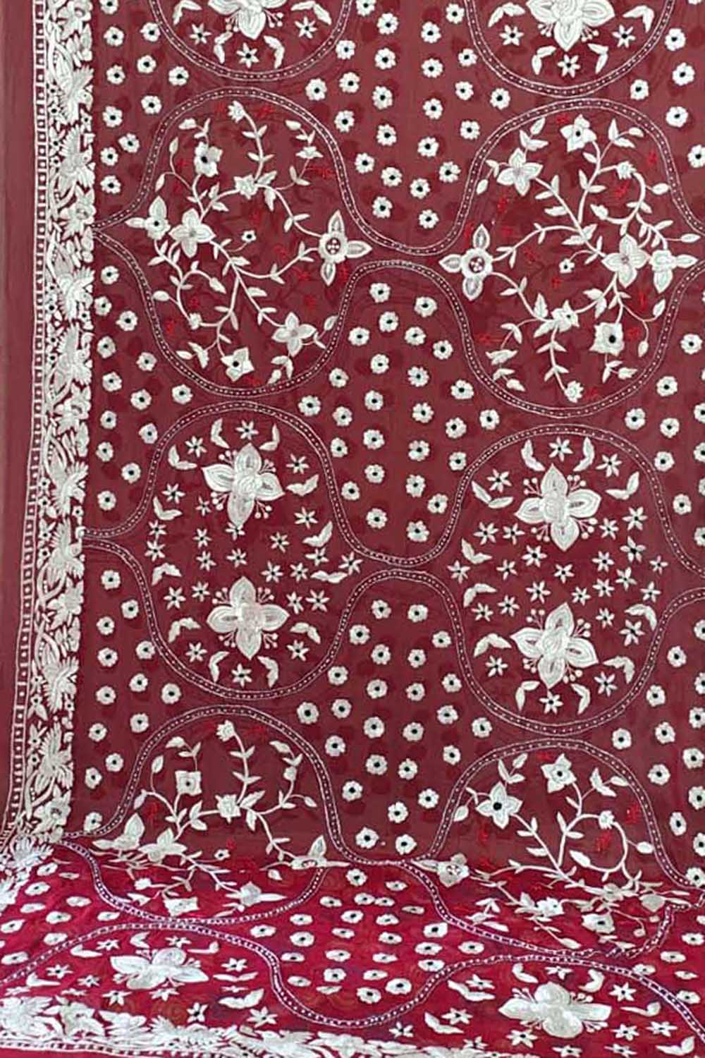 Maroon Hand Embroidered Parsi Pure Georgette Flower Design Dupatta - Luxurion World