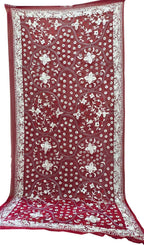 Maroon Hand Embroidered Parsi Pure Georgette Flower Design Dupatta - Luxurion World