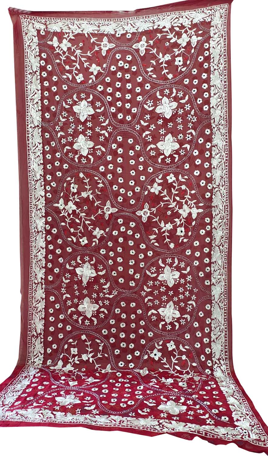 Maroon Hand Embroidered Parsi Pure Georgette Flower Design Dupatta - Luxurion World