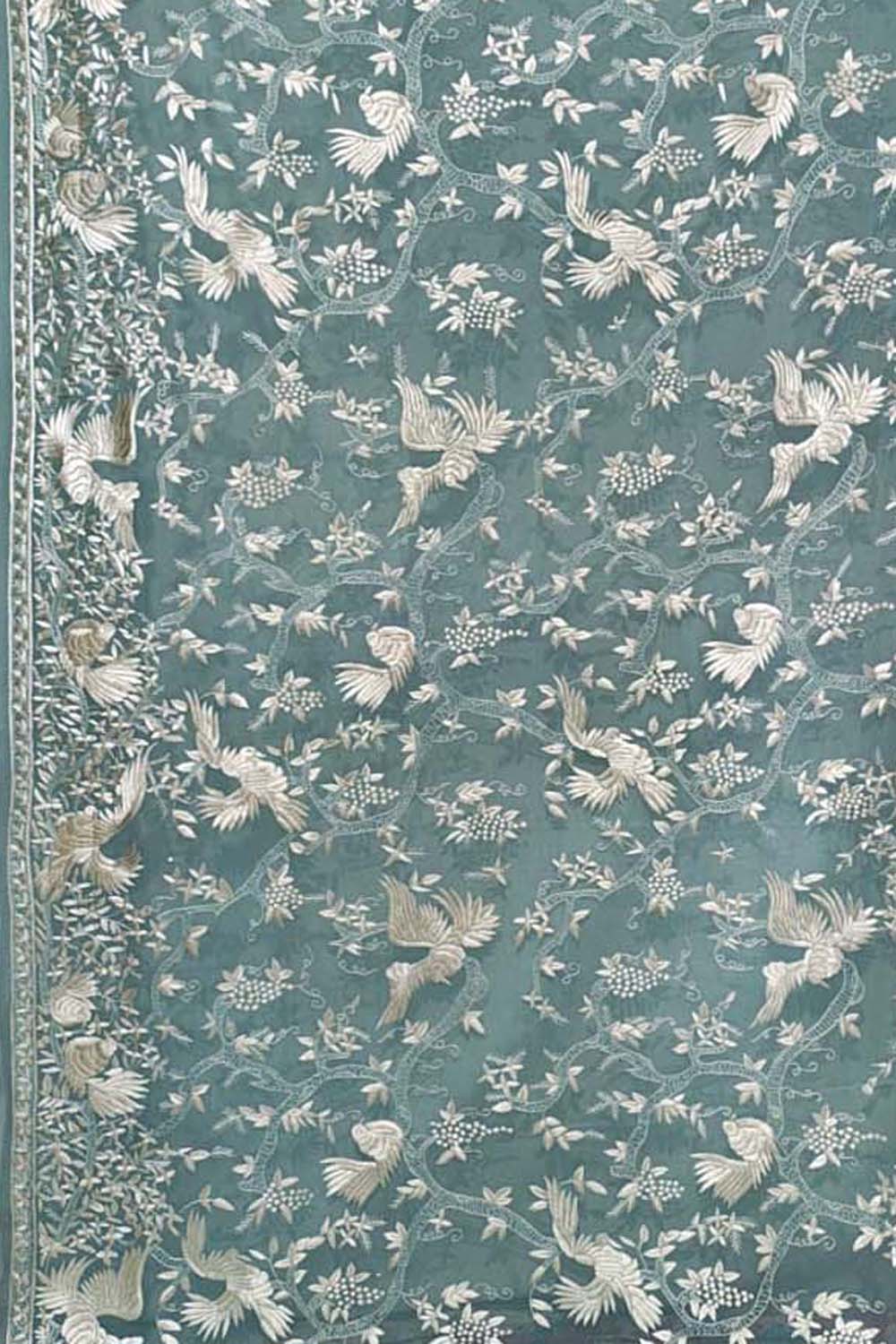 Blue Hand Embroidered Parsi Pure Georgette Bird And Flower Design Dupatta - Luxurion World