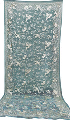 Blue Hand Embroidered Parsi Pure Georgette Bird And Flower Design Dupatta - Luxurion World