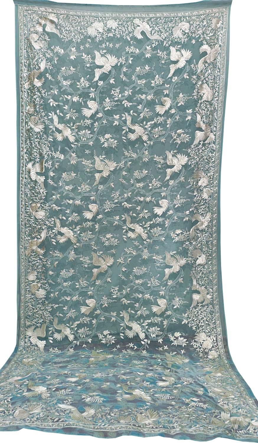 Blue Hand Embroidered Parsi Pure Georgette Bird And Flower Design Dupatta - Luxurion World