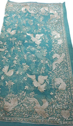Blue Hand Embroidered Parsi Pure Georgette Bird And Flower Design Dupatta - Luxurion World