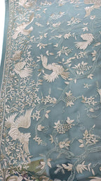Blue Hand Embroidered Parsi Pure Georgette Bird And Flower Design Dupatta - Luxurion World