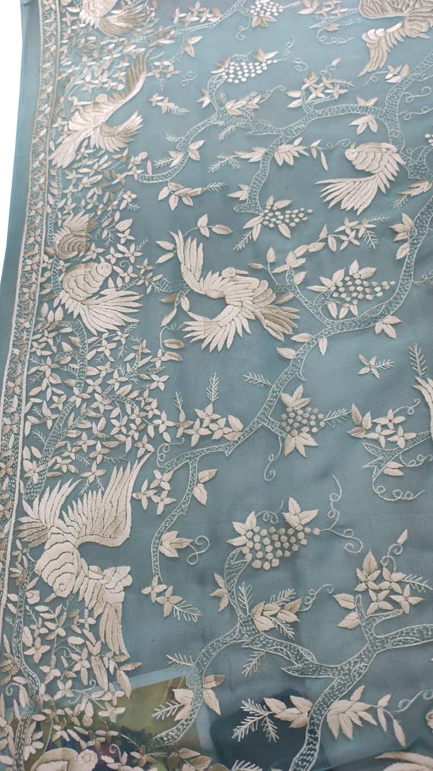 Blue Hand Embroidered Parsi Pure Georgette Bird And Flower Design Dupatta - Luxurion World