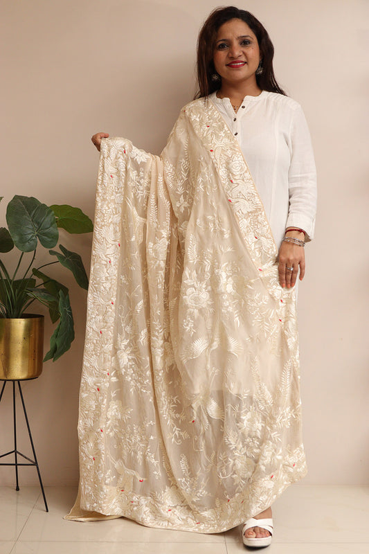 Pastel Hand Embroidered Parsi Georgette Flower Design Dupatta - Luxurion World