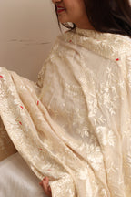 Pastel Hand Embroidered Parsi Georgette Flower Design Dupatta - Luxurion World