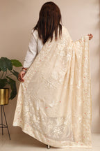 Pastel Hand Embroidered Parsi Georgette Flower Design Dupatta - Luxurion World