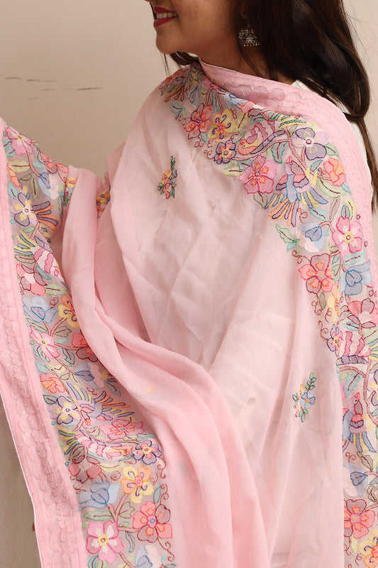 Pink Hand Embroidered Parsi Georgette Flower Design Dupatta - Luxurion World