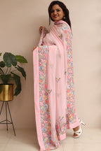 Pink Hand Embroidered Parsi Georgette Flower Design Dupatta - Luxurion World