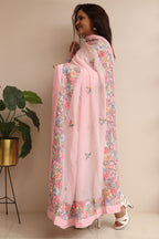 Pink Hand Embroidered Parsi Georgette Flower Design Dupatta - Luxurion World