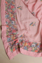 Pink Hand Embroidered Parsi Georgette Flower Design Dupatta - Luxurion World