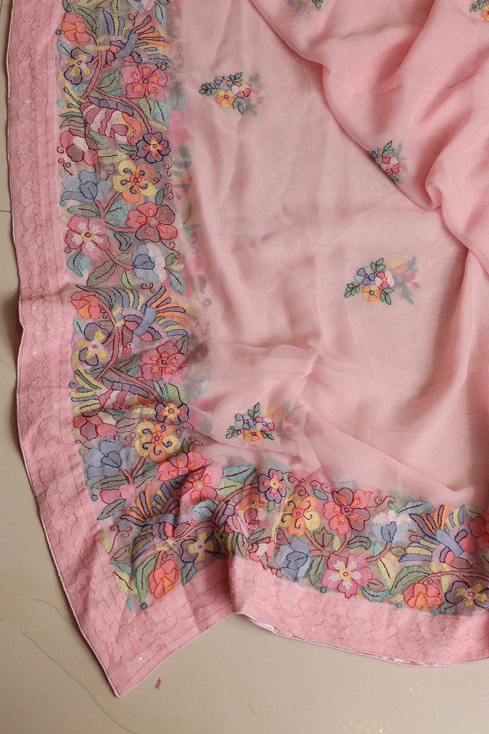 Pink Hand Embroidered Parsi Georgette Flower Design Dupatta - Luxurion World