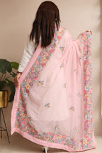Pink Hand Embroidered Parsi Georgette Flower Design Dupatta - Luxurion World