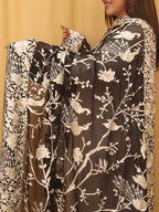 Black Hand Embroidered Parsi Pure Georgette Floral And Bird Design Dupatta - Luxurion World