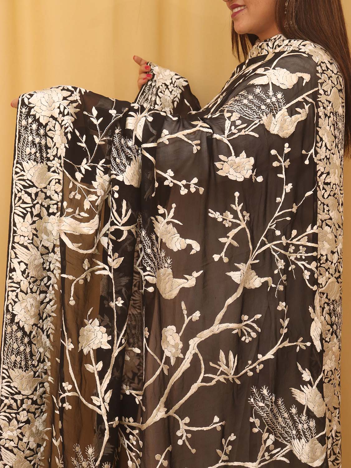 Black Hand Embroidered Parsi Pure Georgette Floral And Bird Design Dupatta - Luxurion World