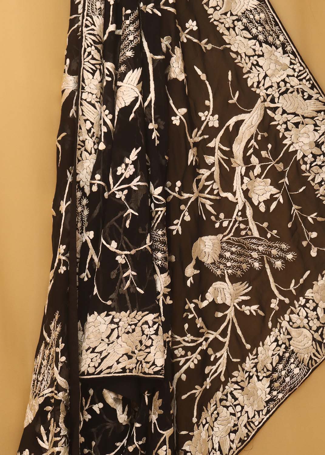 Black Hand Embroidered Parsi Pure Georgette Floral And Bird Design Dupatta - Luxurion World