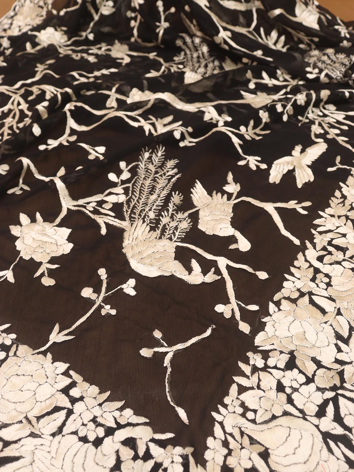 Black Hand Embroidered Parsi Pure Georgette Floral And Bird Design Dupatta - Luxurion World