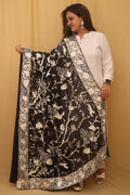 Black Hand Embroidered Parsi Pure Georgette Floral And Bird Design Dupatta - Luxurion World