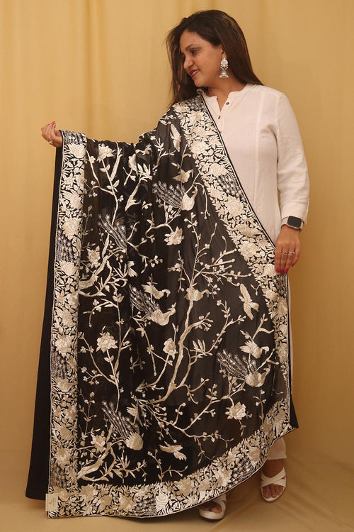 Black Hand Embroidered Parsi Pure Georgette Floral And Bird Design Dupatta - Luxurion World