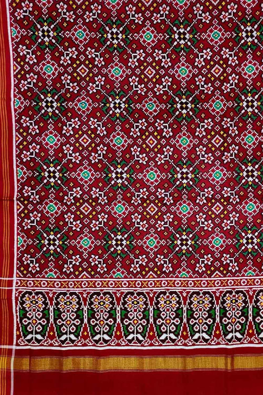 Red Patan Patola Handloom Pure Silk Double Ikat Dupatta - Luxurion World