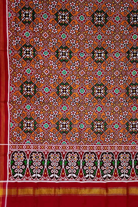 Orange Patan Patola Handloom Pure Silk Double Ikat Dupatta - Luxurion World