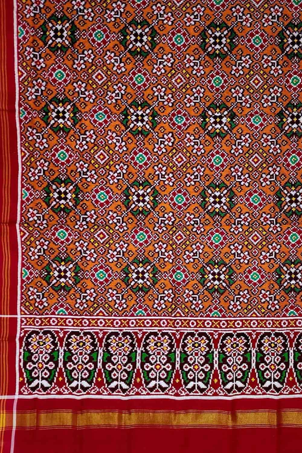 Orange Patan Patola Handloom Pure Silk Double Ikat Dupatta - Luxurion World