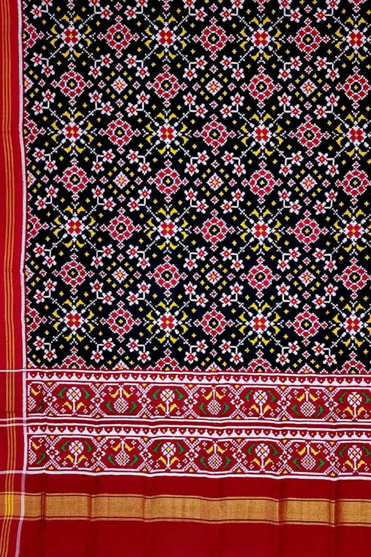 Black Patan Patola Handloom Pure Silk Double Ikat Dupatta - Luxurion World