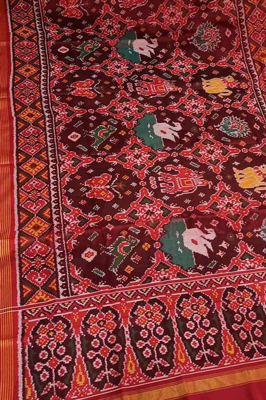 Maroon Handloom Semi Patan Patola Silk Dupatta - Luxurion World