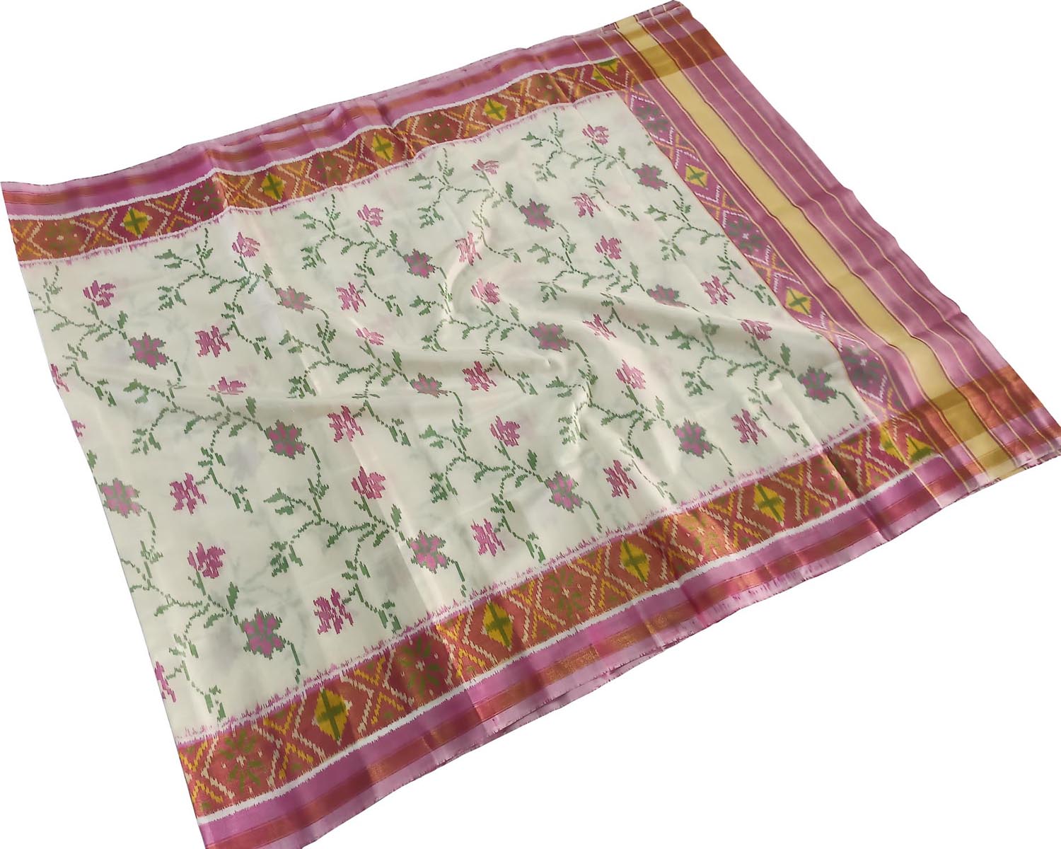 Off White Handloom Single Ikat Rajkot Patola Dupatta - Luxurion World