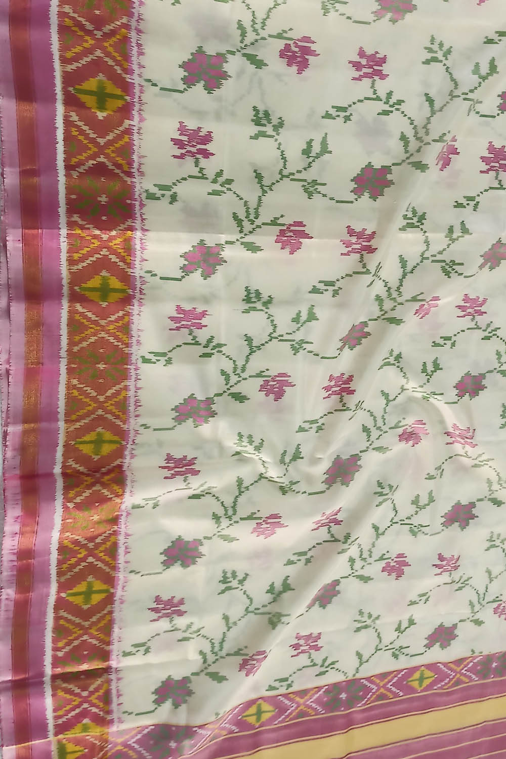 Off White Handloom Single Ikat Rajkot Patola Dupatta - Luxurion World