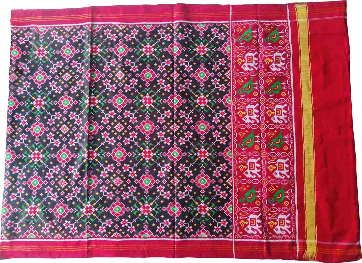 Black Semi Patan Patola Handloom Silk Dupatta - Luxurion World