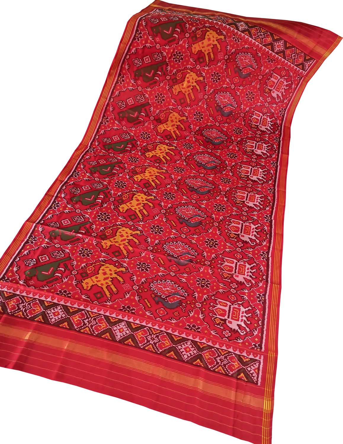 Red Patola Handloom Silk Dupatta - Semi Patan Design - Luxurion World