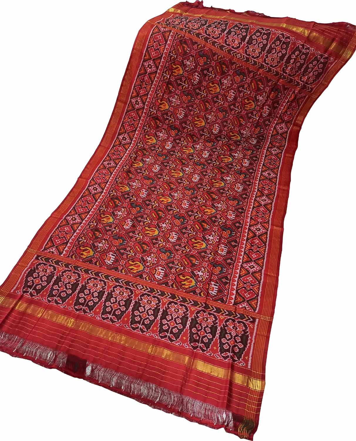 Red Semi Patan Patola Handloom Single Ikat Dupatta - Luxurion World