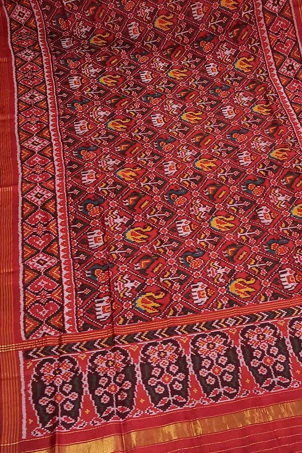 Red Semi Patan Patola Handloom Single Ikat Dupatta - Luxurion World