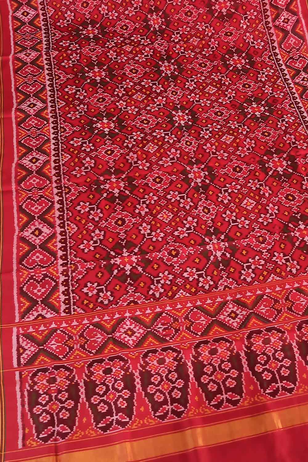 Red Semi Patan Patola Handloom Single Ikat Dupatta - Luxurion World