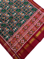 Green Handloom Double Ikat Patan Patola Pure Silk Dupatta - Luxurion World- Crafted Heirlooms