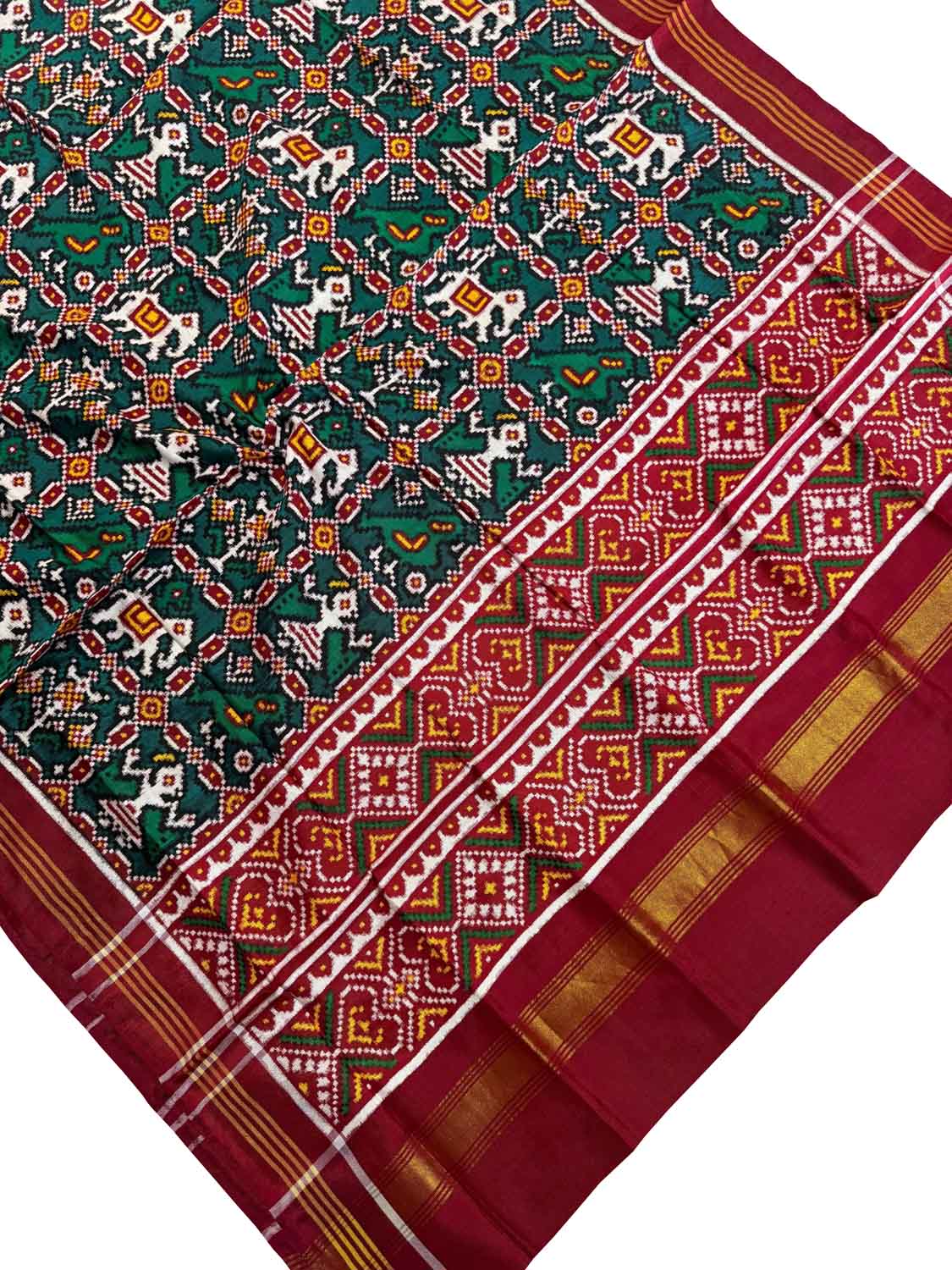 Green Handloom Double Ikat Patan Patola Pure Silk Dupatta - Luxurion World