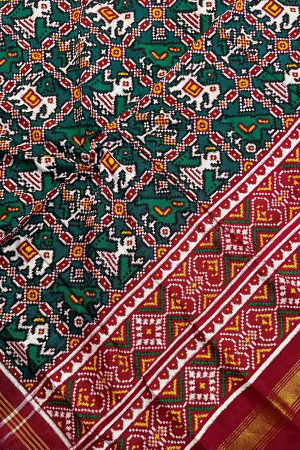Green Handloom Double Ikat Patan Patola Pure Silk Dupatta - Luxurion World