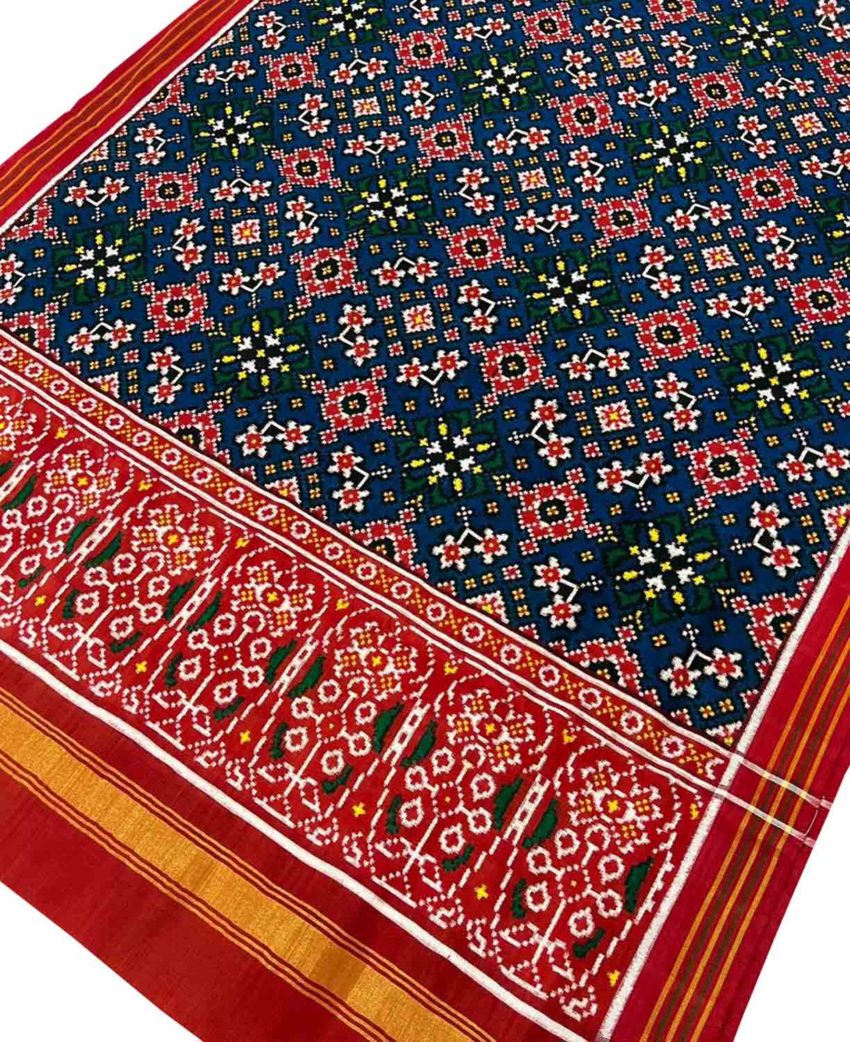 Blue Handloom Double Ikat Patan Patola Pure Silk Dupatta - Luxurion World- Crafted Heirlooms