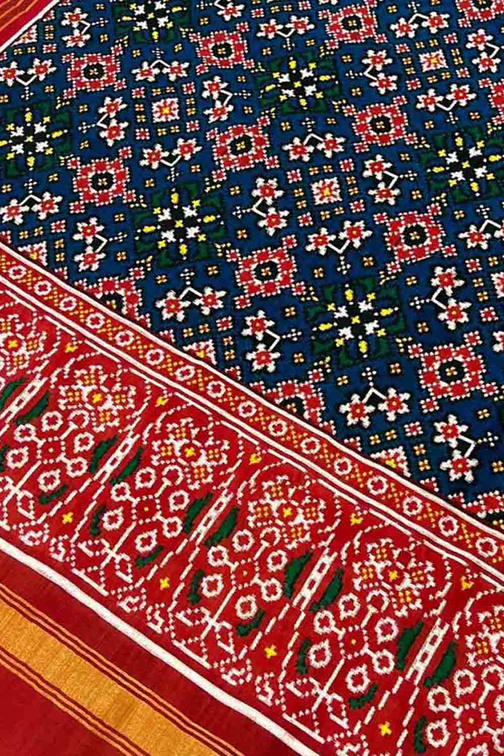 Blue Handloom Double Ikat Patan Patola Pure Silk Dupatta - Luxurion World- Crafted Heirlooms