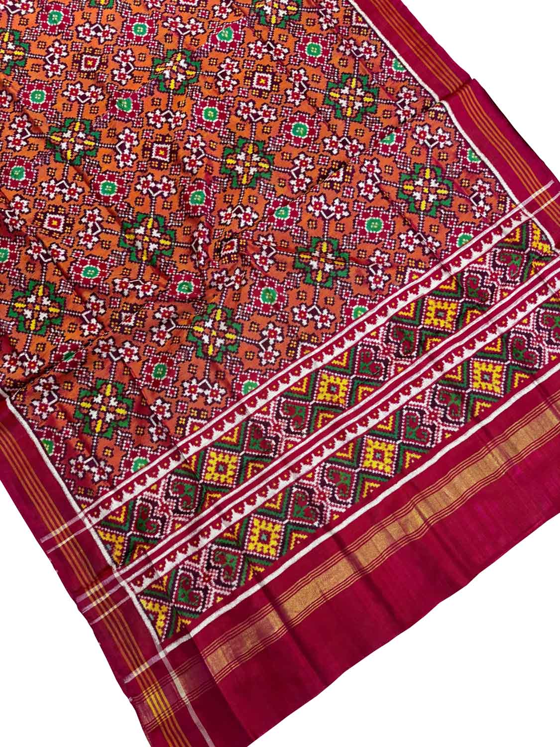 Orange Handloom Double Ikat Patan Patola Pure Silk Dupatta - Luxurion World- Crafted Heirlooms