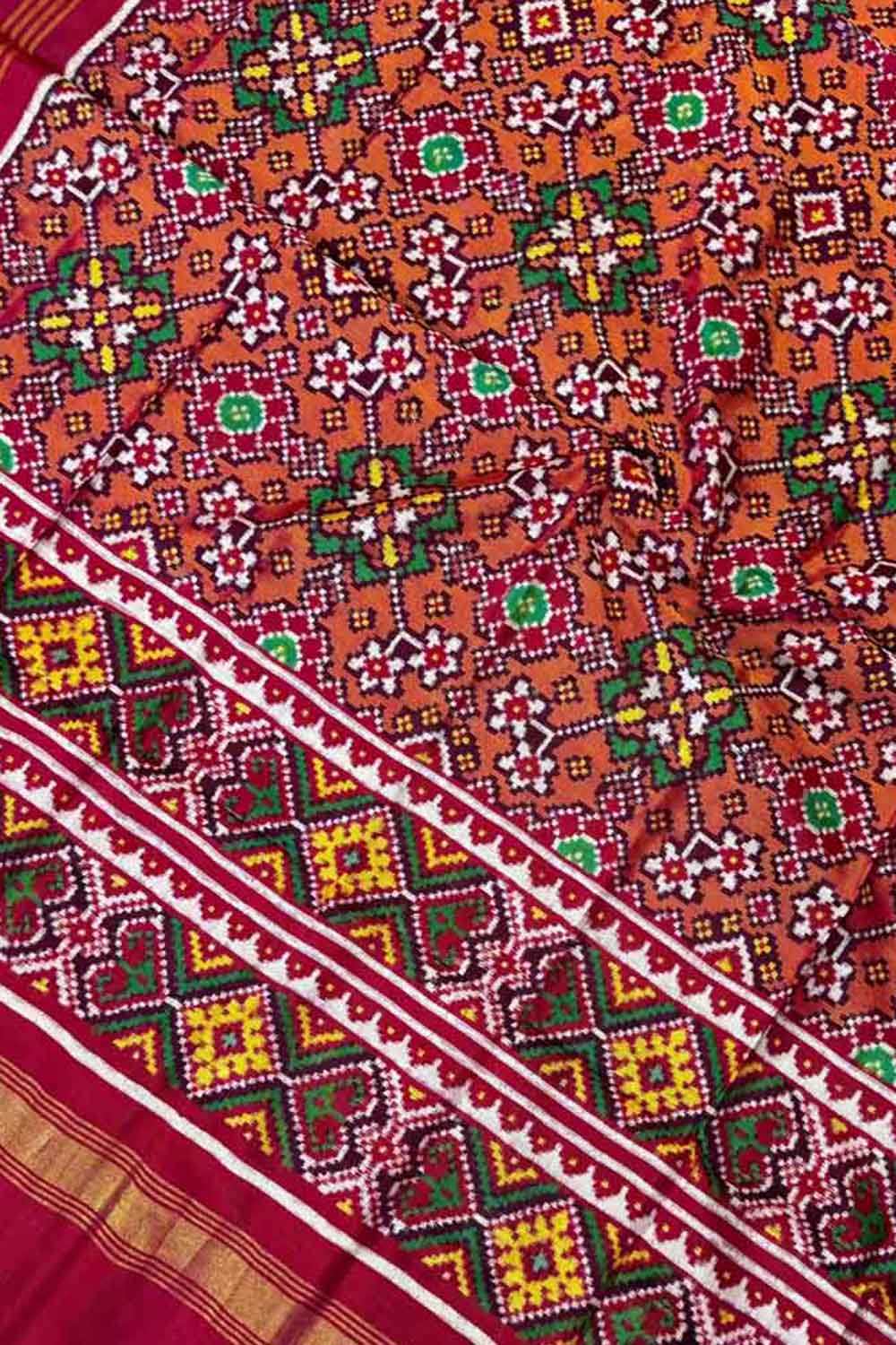 Orange Handloom Double Ikat Patan Patola Pure Silk Dupatta - Luxurion World- Crafted Heirlooms